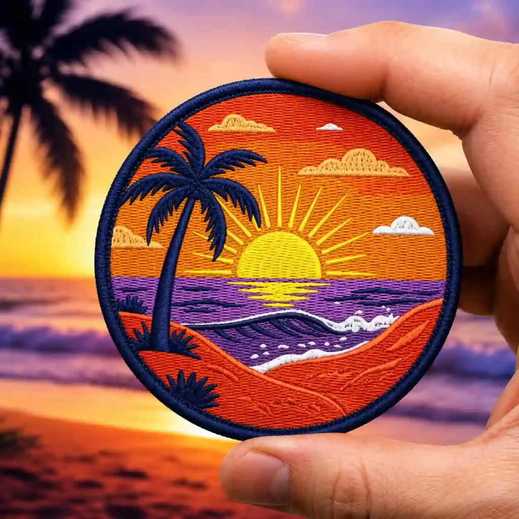 Round custom embroidered patch featuring palm trees and a sunset design.