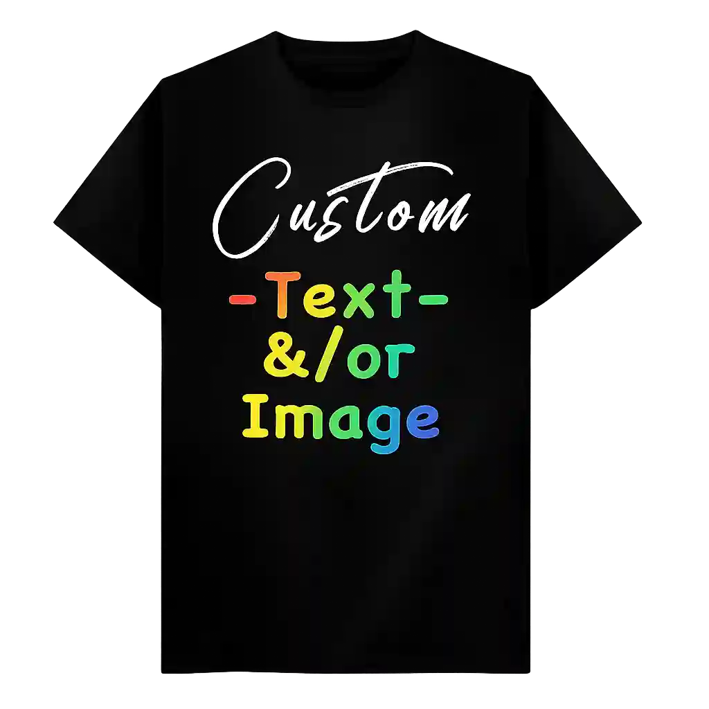 Black custom text T-shirt made with t-shirt printing services in Riyadh.
