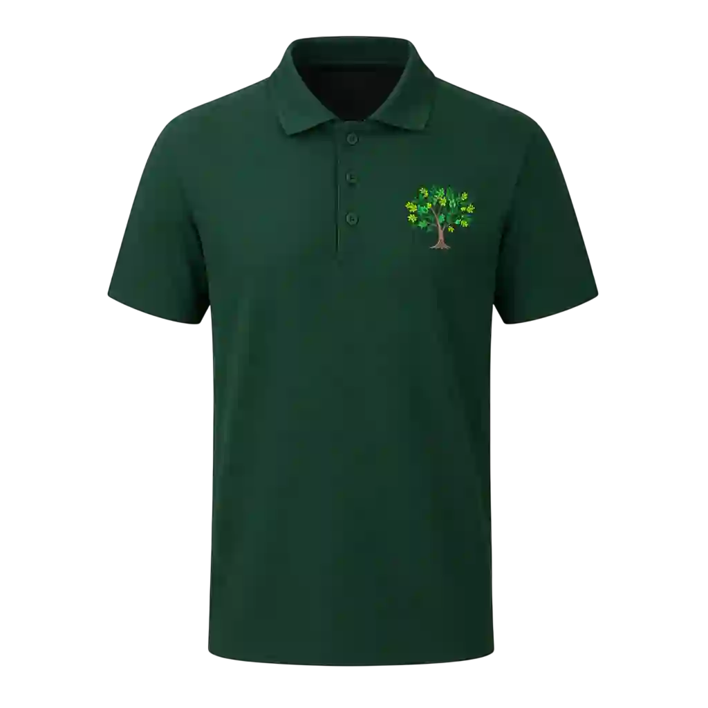 Dark green company logo polo shirt.