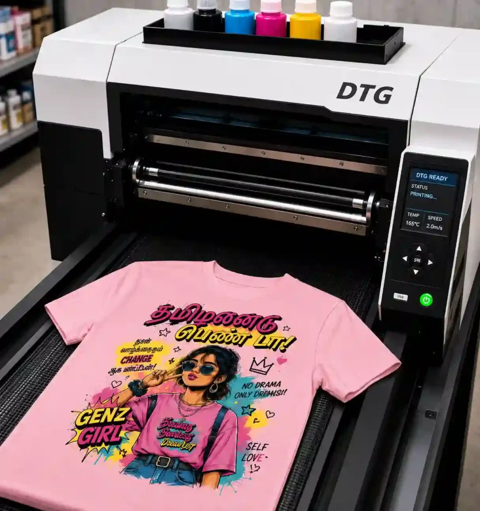 DTG printing machine producing a colourful custom design on a pink T-shirt.