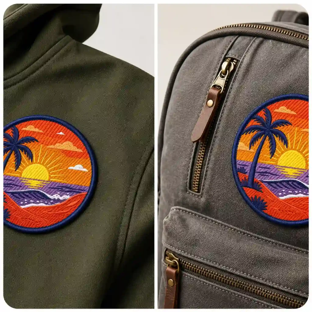 Sunset palm tree embroidered patch attached to a jacket and backpack.