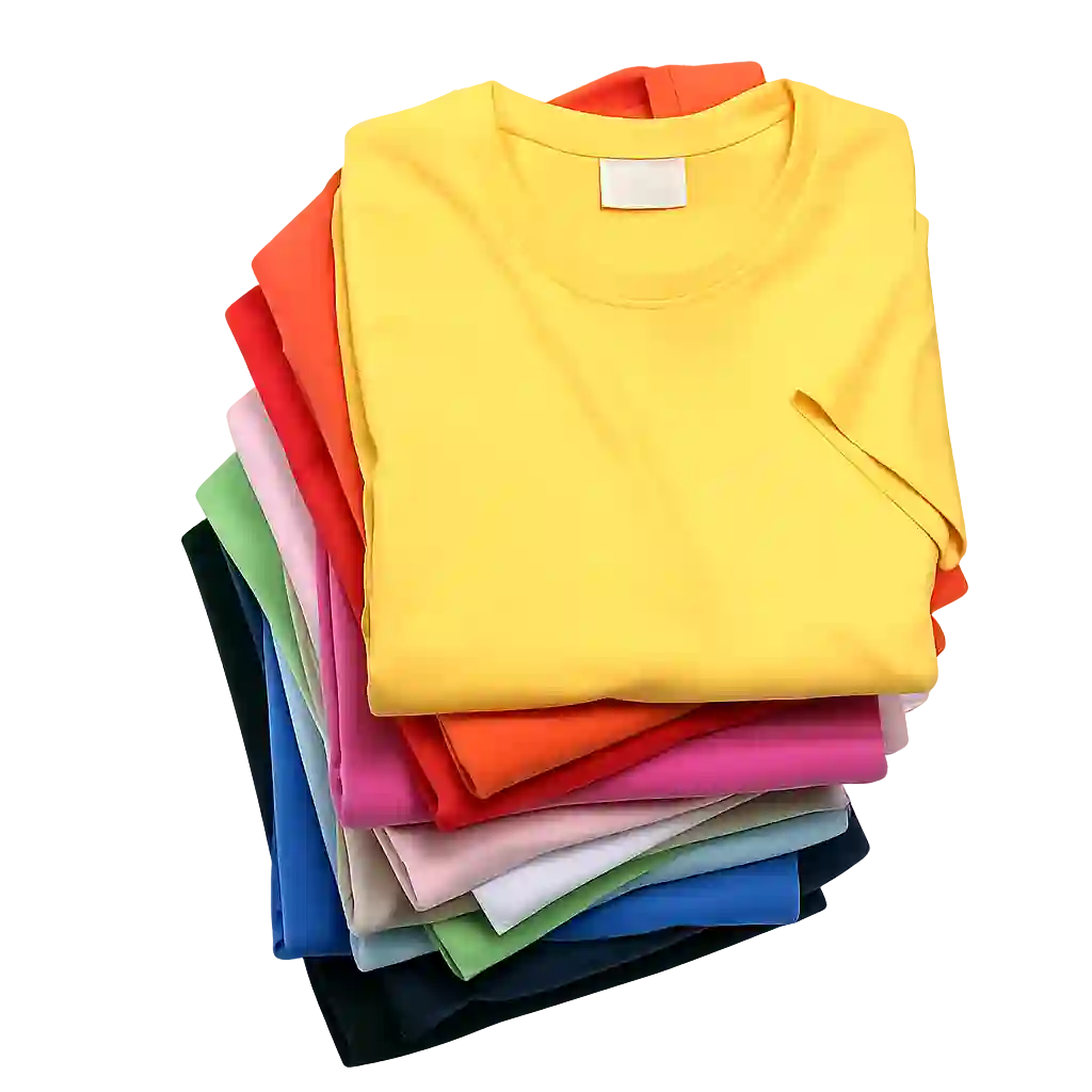Stack of folded colourful round-neck T-shirts in different shades.