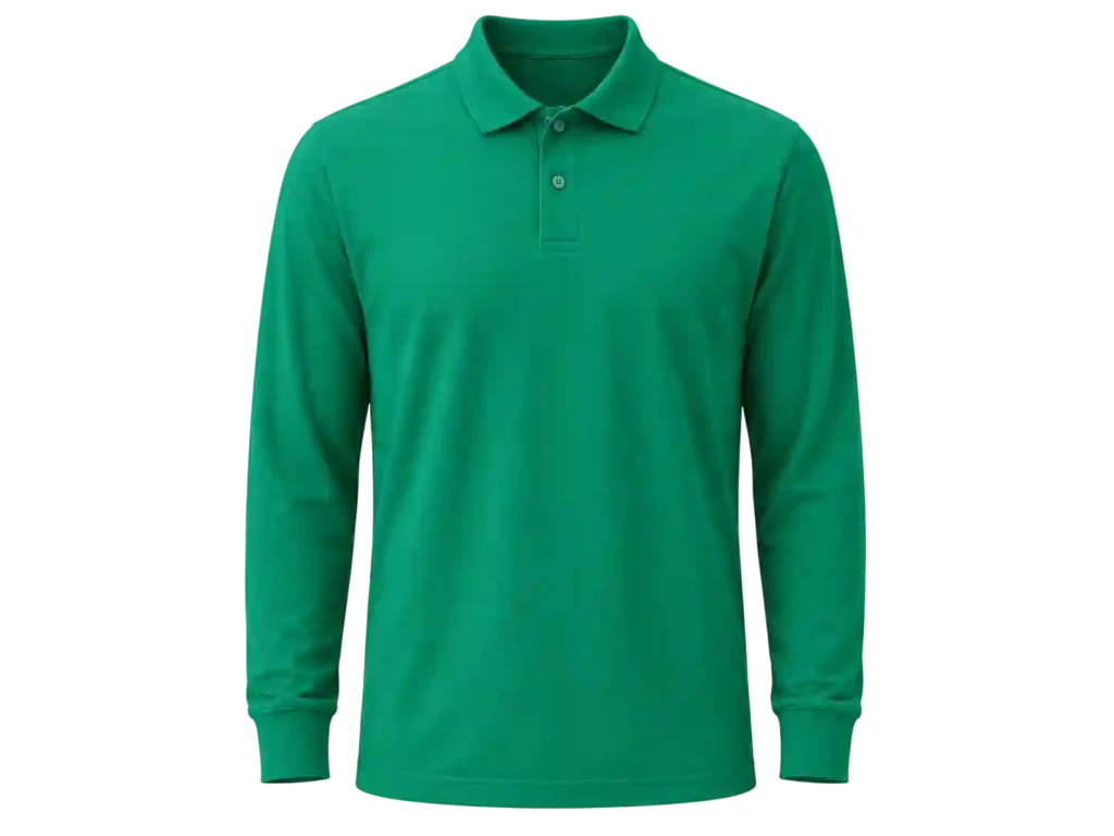 Green long sleeve polo shirt for corporate uniforms.