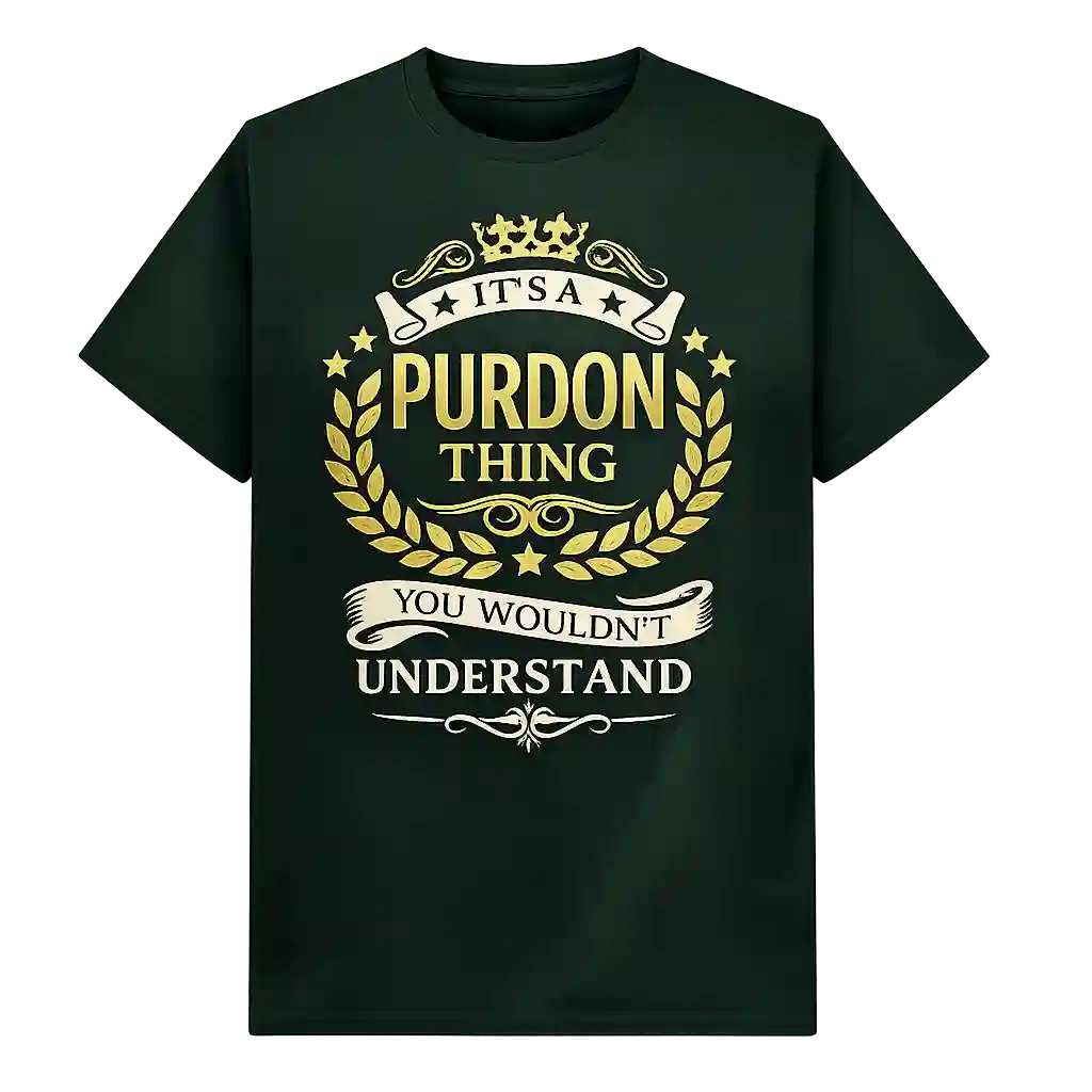 Dark green T-shirt with decorative vintage quote artwork.