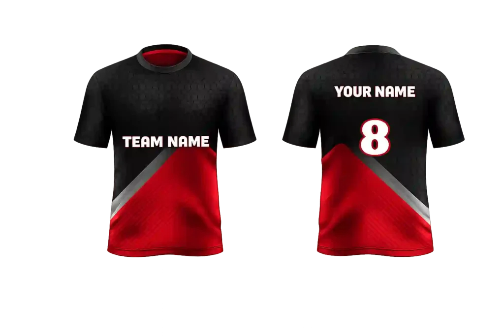 Matching red and black team jerseys with custom numbers.