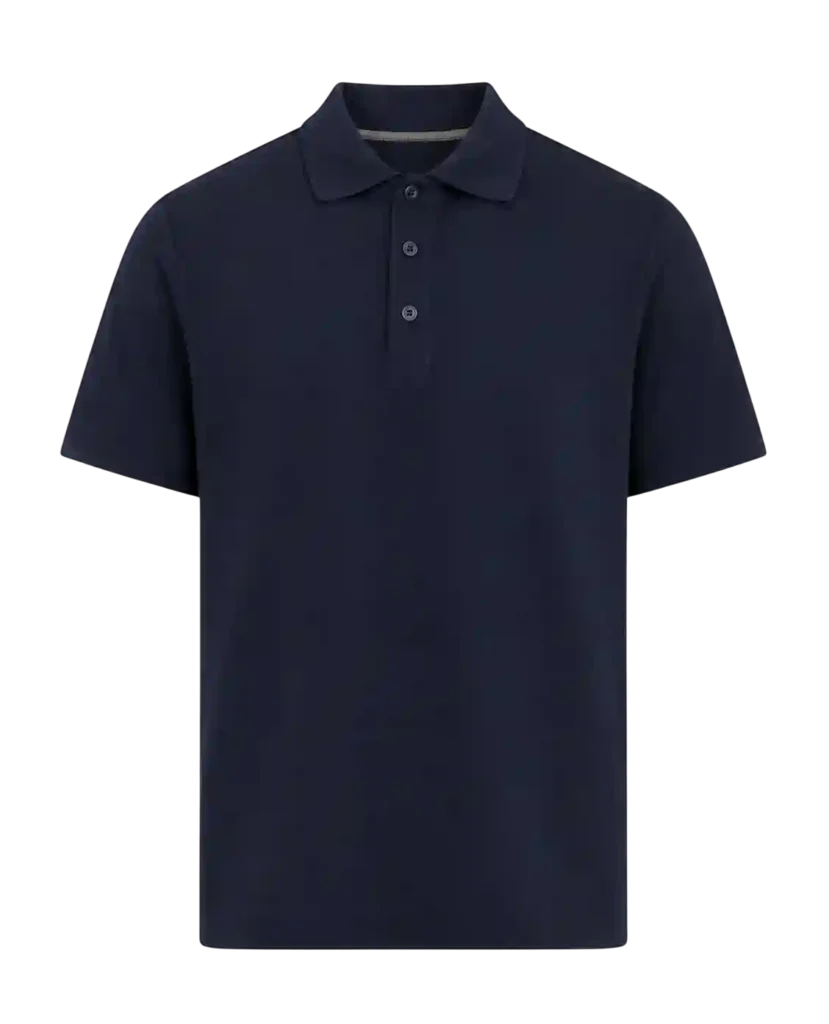 Navy blue corporate polo shirt with short sleeves and button collar.