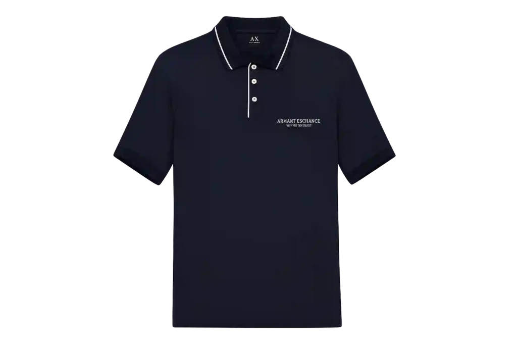 Navy blue corporate polo shirt with embroidered chest logo.