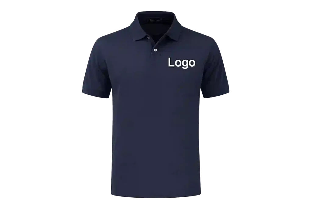 Navy blue polo shirt with white embroidered logo.