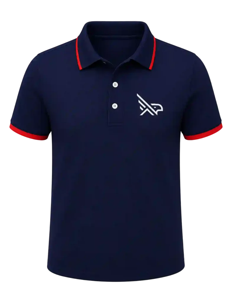 Navy polo shirt with red piping and embroidered chest logo.