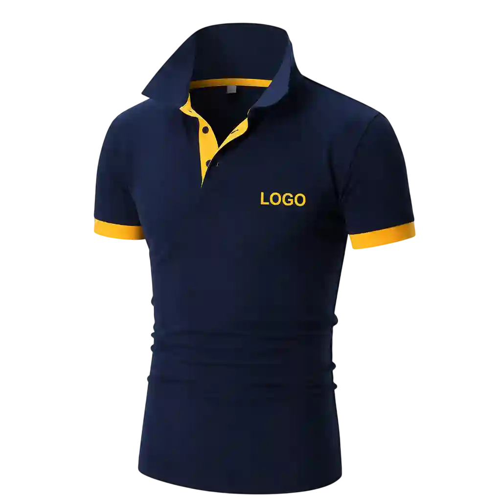 Navy blue polo shirt with yellow collar.