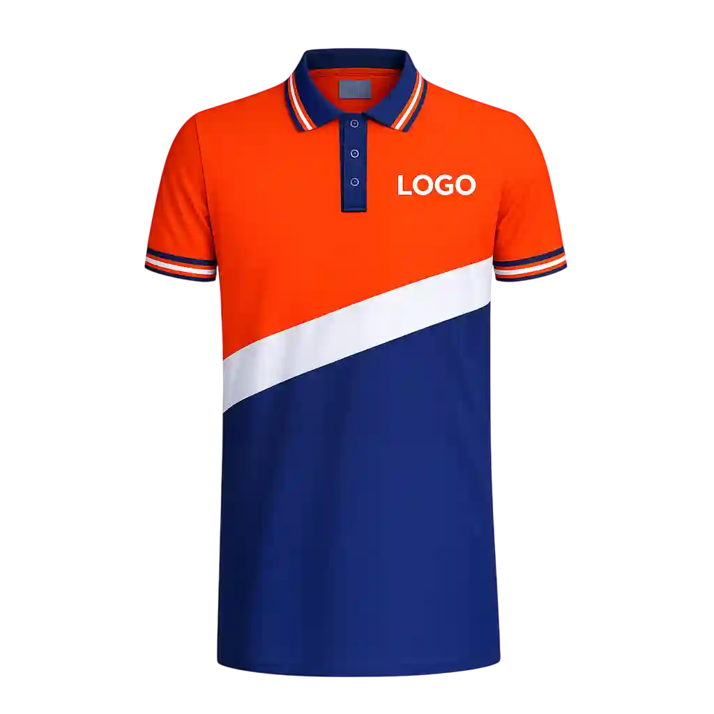 Orange blue promotional polo shirt with logo.