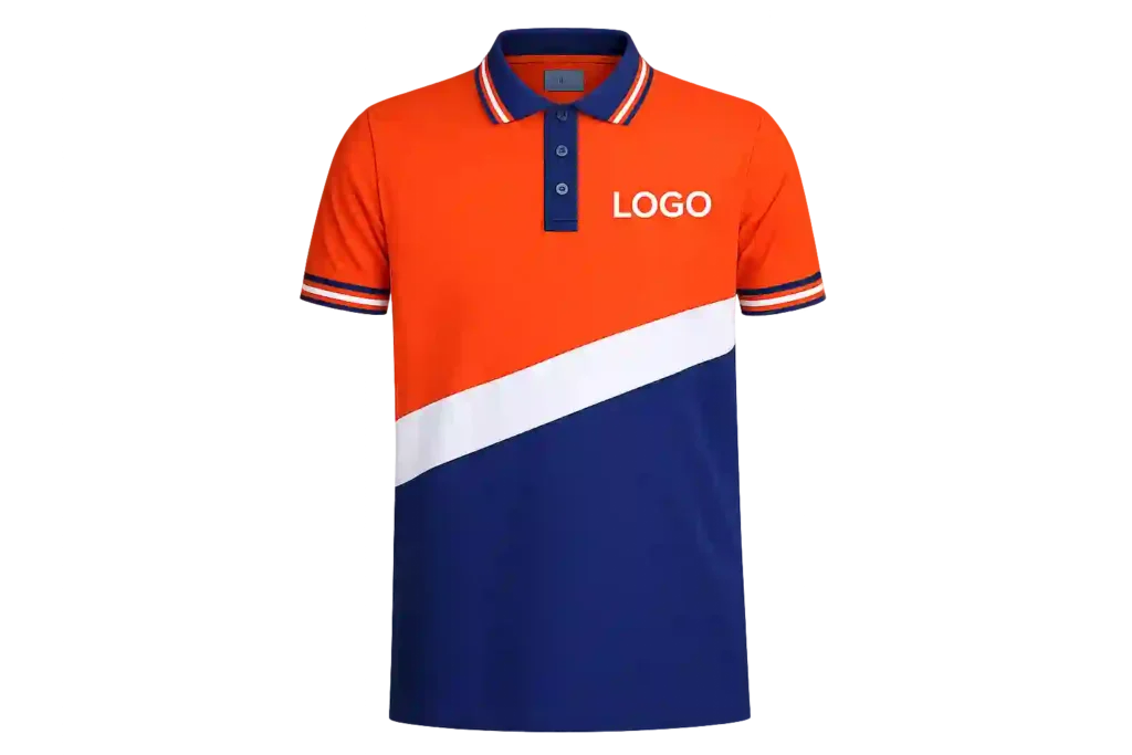 Blue polo shirt with orange and white chest stripes.