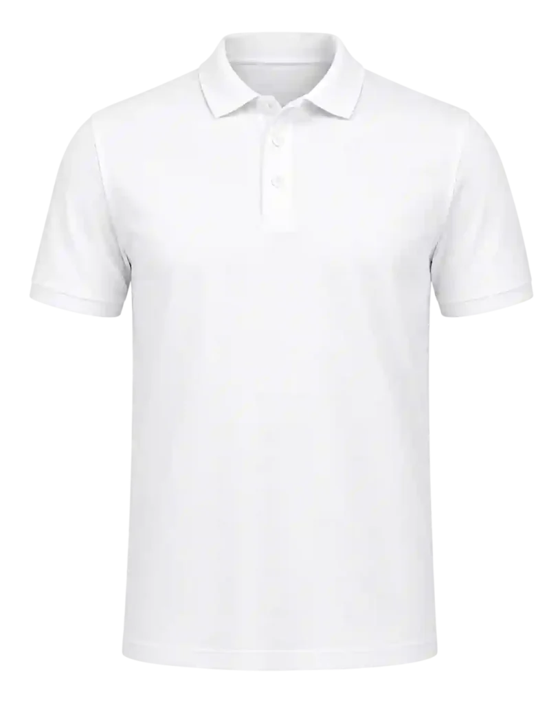 Plain white short-sleeve polo shirt with button collar.