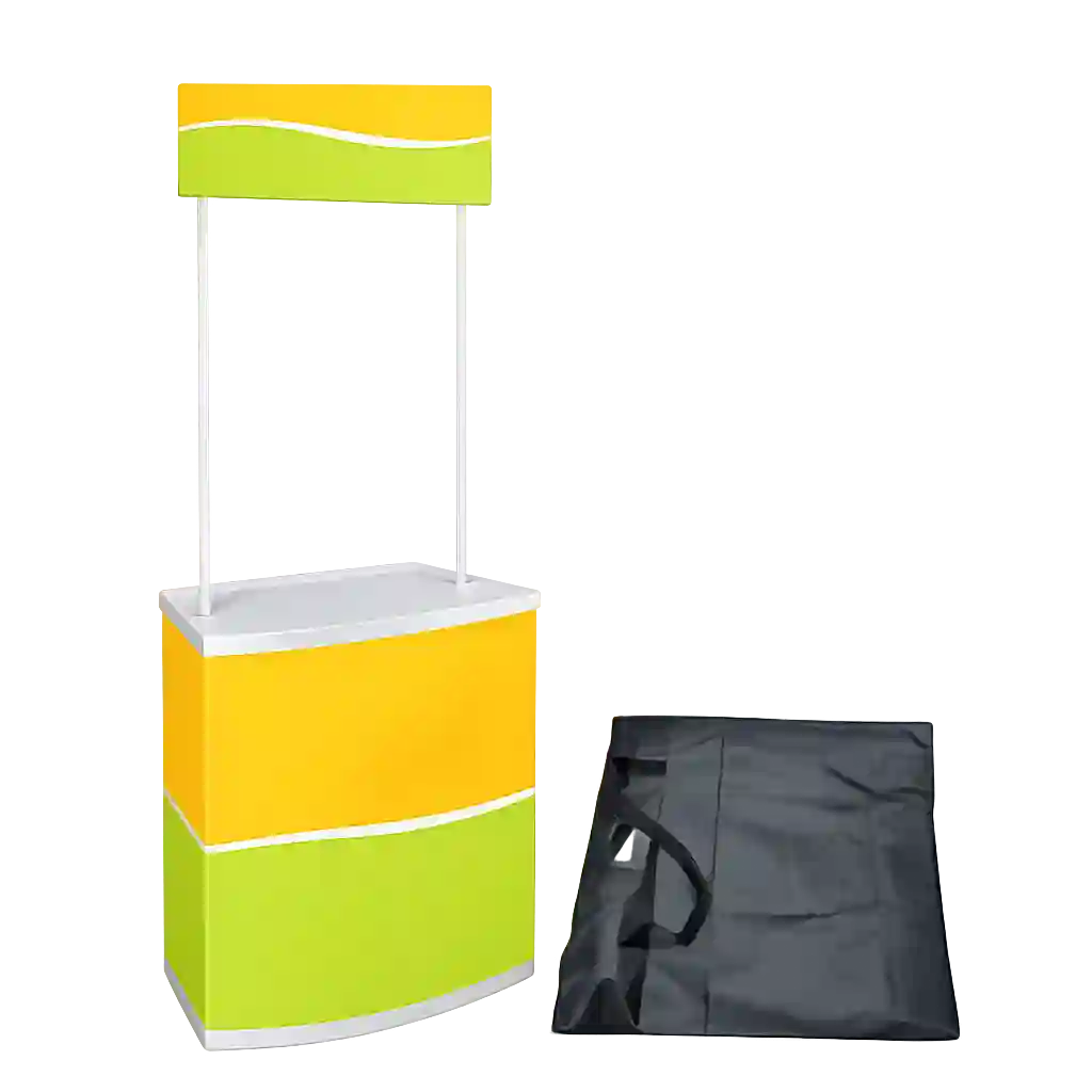 Portable promotional display counter with custom printed graphics.