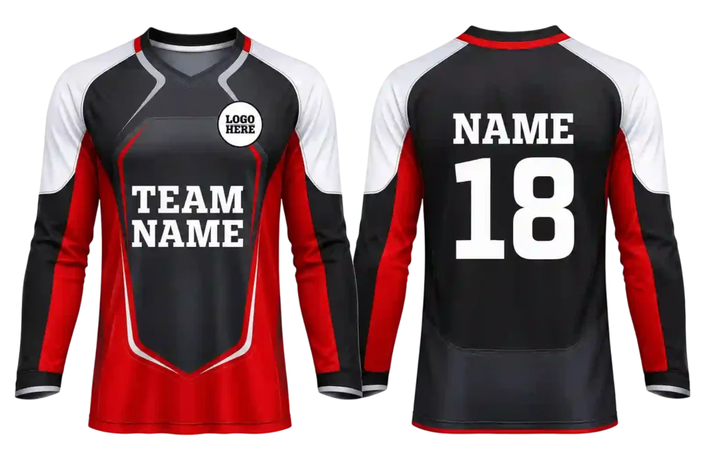 Red and black sports jersey with team name and number 18.