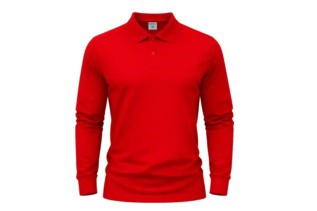 Red long sleeve polo shirt with matching collar.