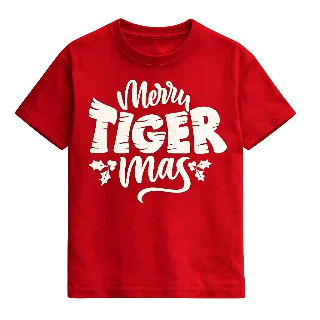 Red T-shirt with white Mom Tiger typography design.