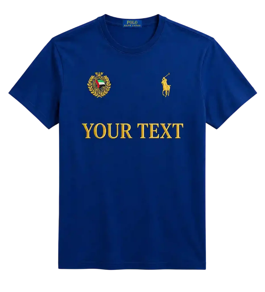 Royal blue polo shirt with custom text and chest emblem.