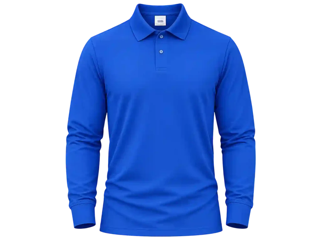 Royal blue long sleeve polo shirt with classic collar.