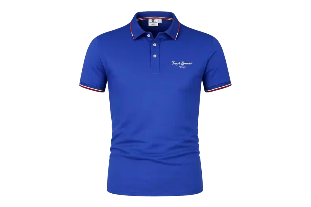 Royal blue short sleeve polo shirt with button collar.