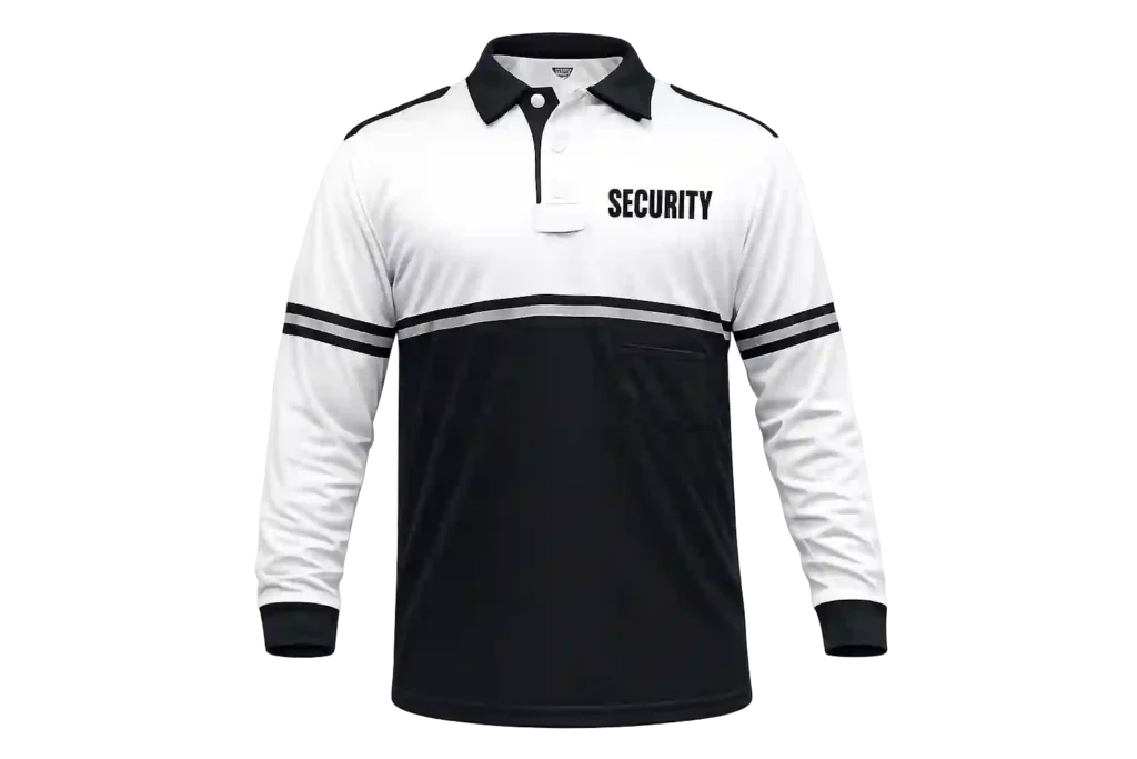 White long sleeve polo shirt with black shoulder panels.