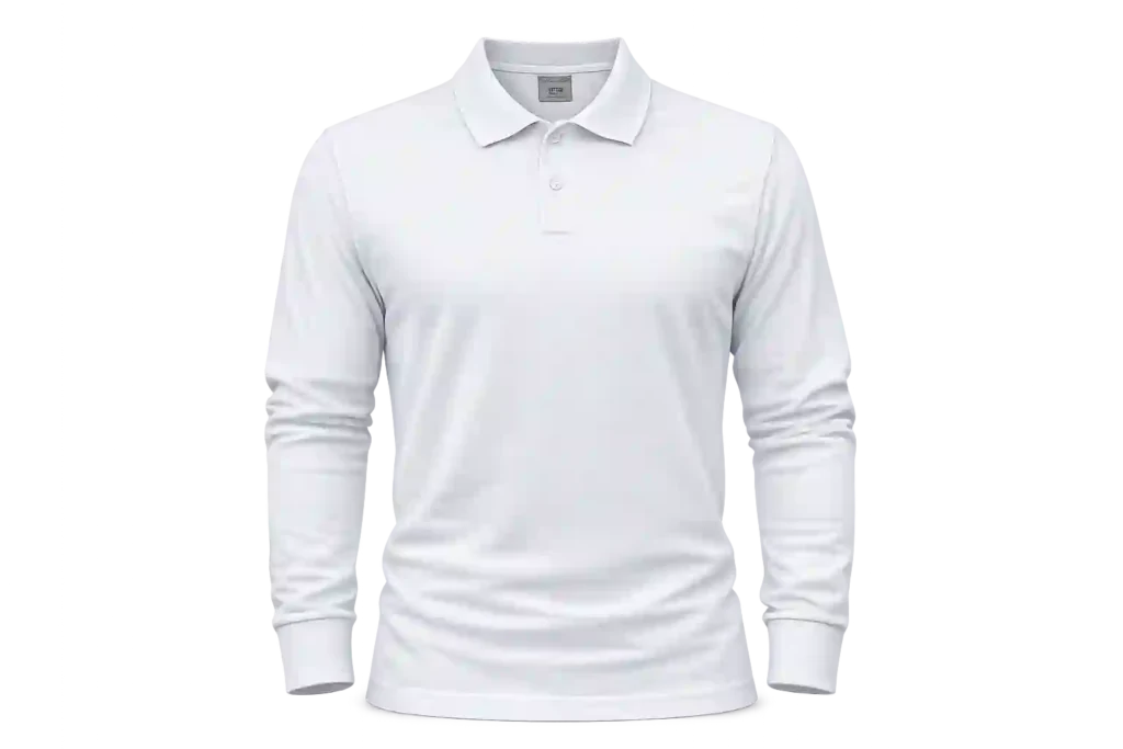 White long sleeve polo shirt with classic collar.