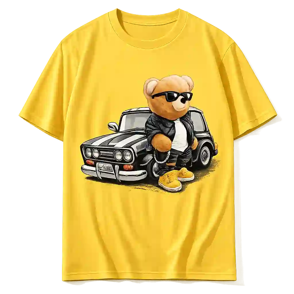 Yellow T-shirt with colourful cartoon biker and car print.