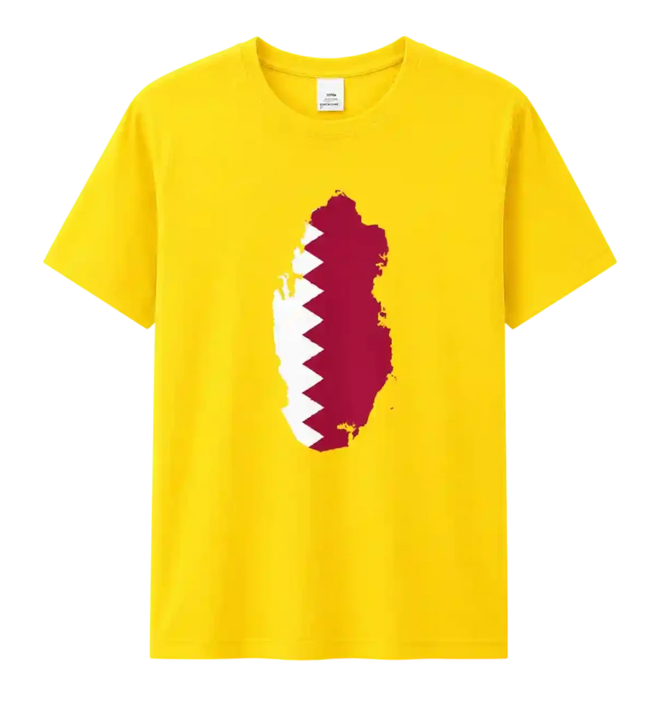 Yellow T-shirt with maroon country map graphic.
