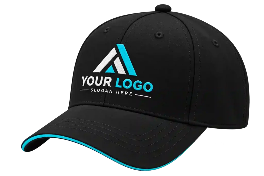 Black cap with aqua custom logo design.