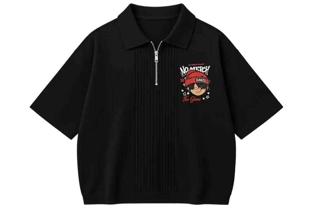 Black kids polo shirt with embroidered chest design.