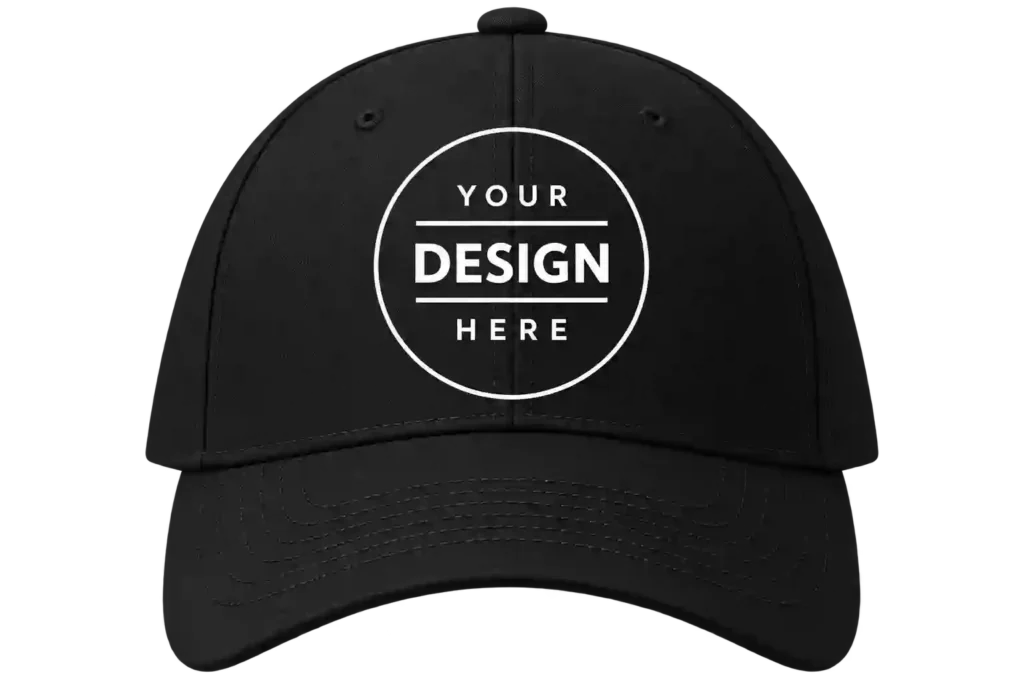 Black cap with circular custom design.