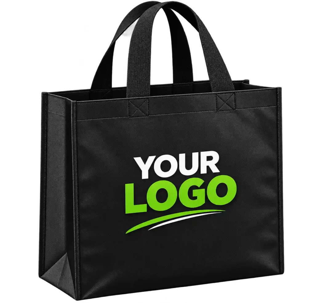 Black promotional tote bag with custom logo design .