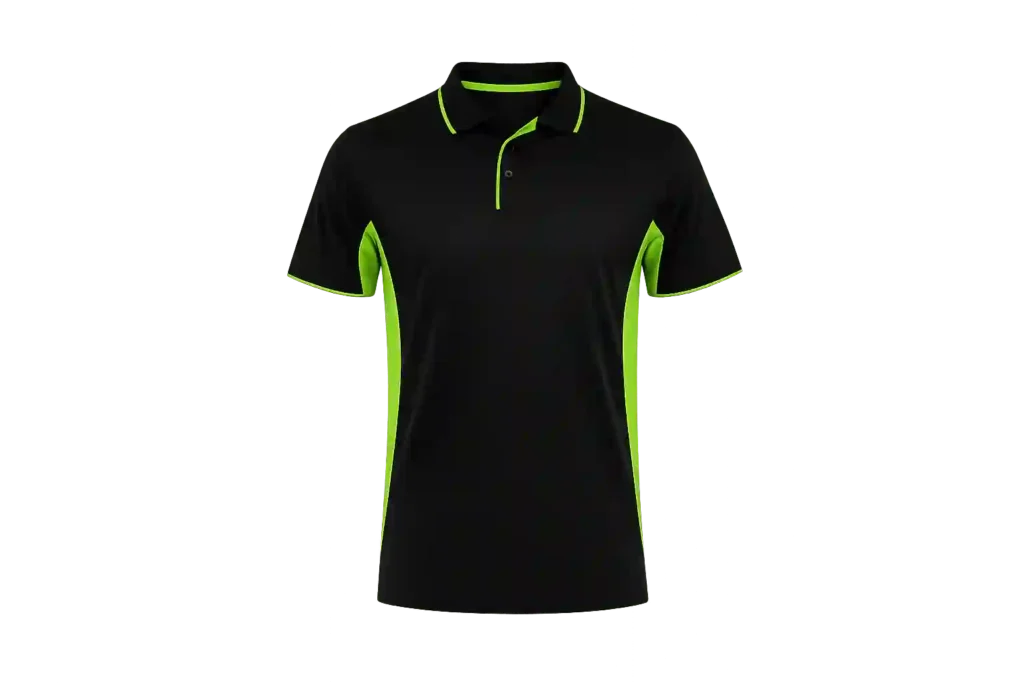 Black polo shirt with green piping and logo.