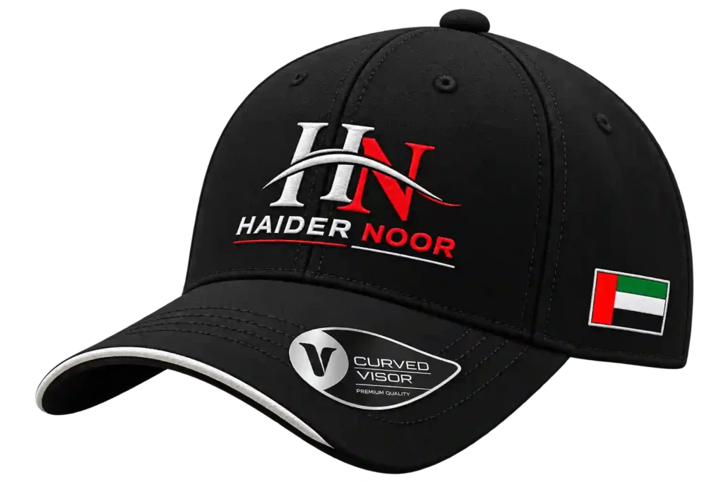 Black cap with custom company logo.