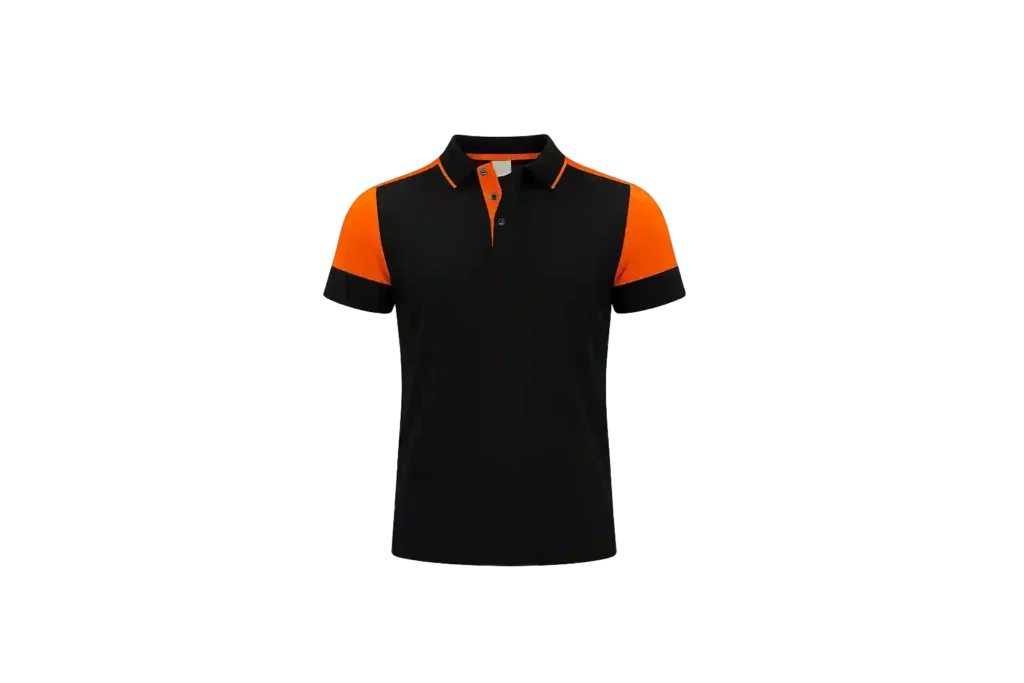 Black and orange polo shirt for employee uniforms.