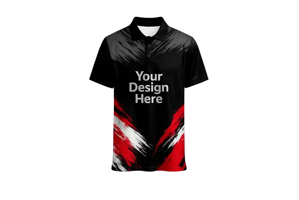 Black and red esports jersey with custom logo.