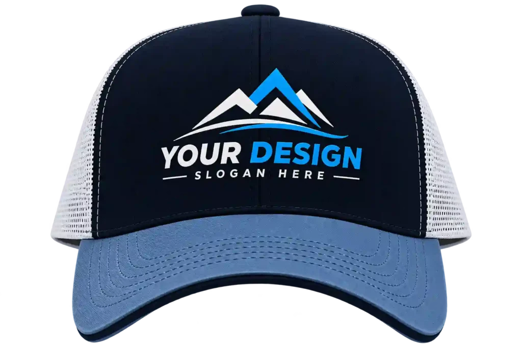 Blue company logo cap for Cap printing in Riyadh.