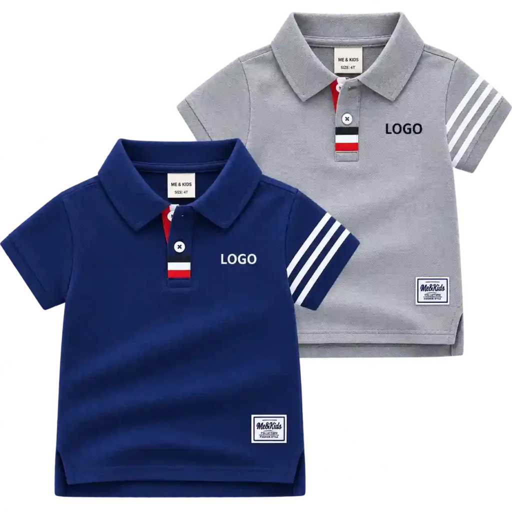 Blue and grey kids polo shirt with contrasting collar.