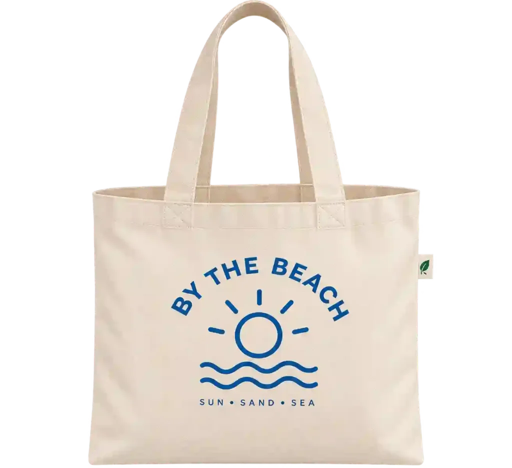 Blue canvas tote with printed decorative design.