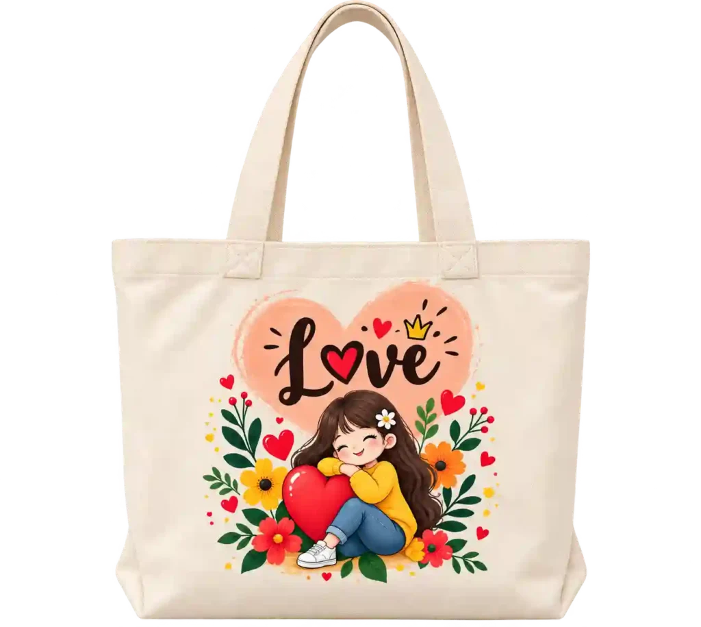 Colorful floral printed canvas tote bag.