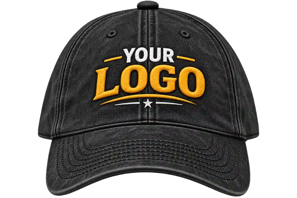 Custom black baseball cap with embroidered logo for cap printing in Riyadh.