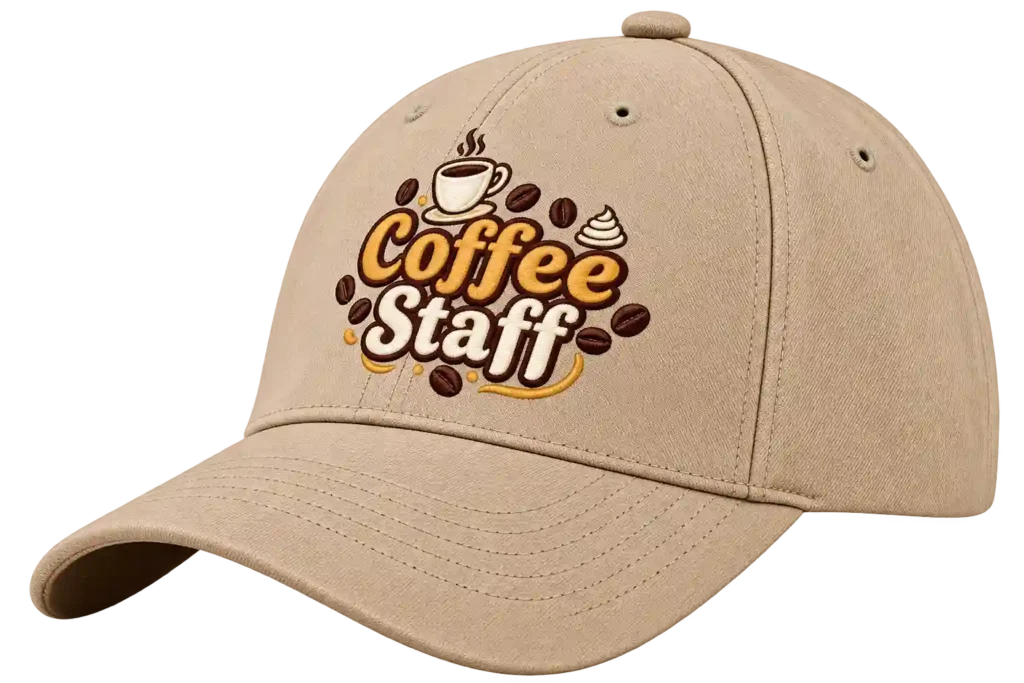 Beige baseball cap with custom coffee-themed embroidered design.