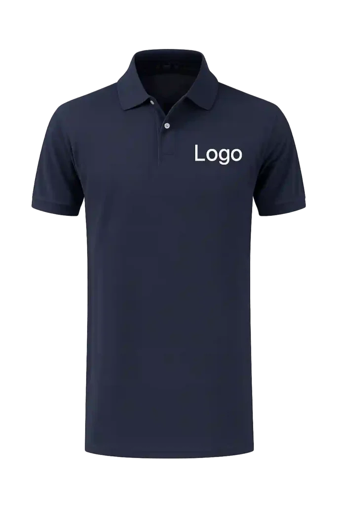 Custom navy polo shirt with chest logo for uniform printing services in KSA.