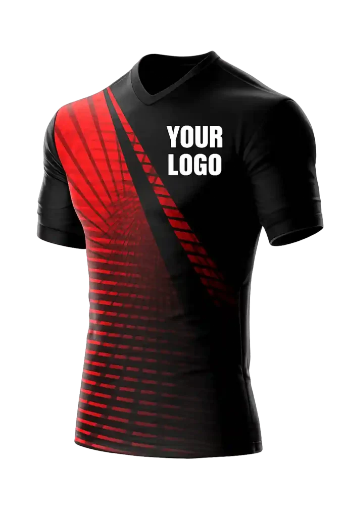 Custom black and red sports jersey with logo print.