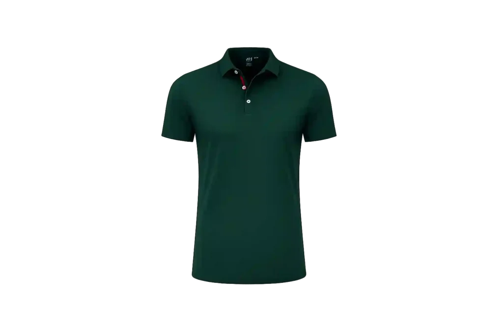 Dark green polo shirt with custom logo embroidery.