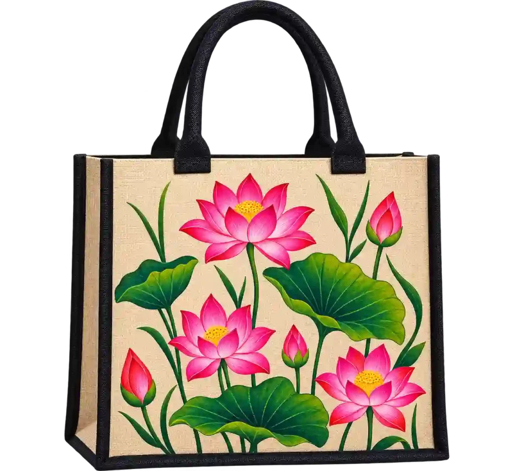 Floral printed canvas bag with colorful artwork.