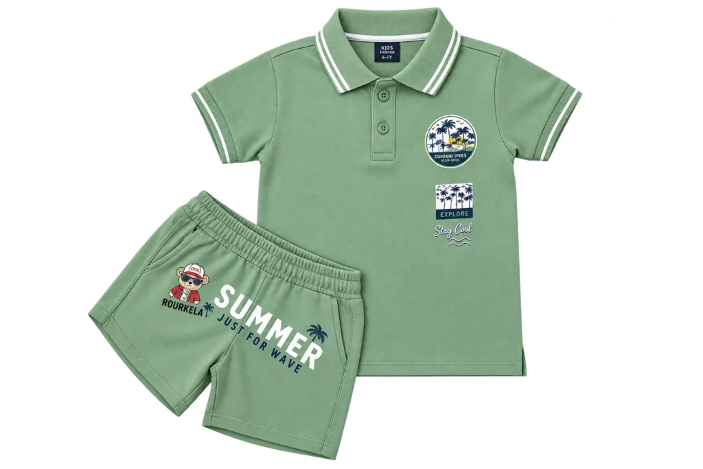 Green kids polo shirt with matching shorts.