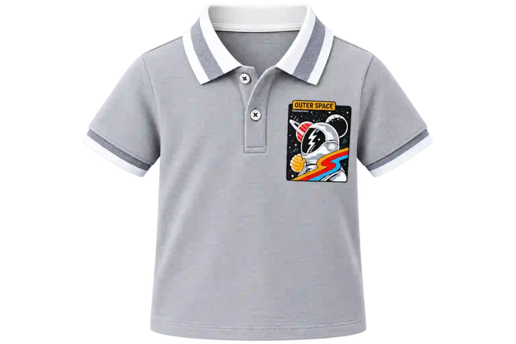 Grey kids polo shirt with white collar and colorful chest design.