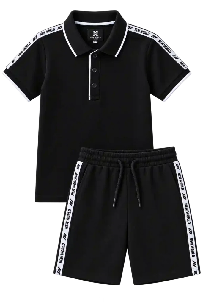 Black kids polo shirt and matching shorts set.