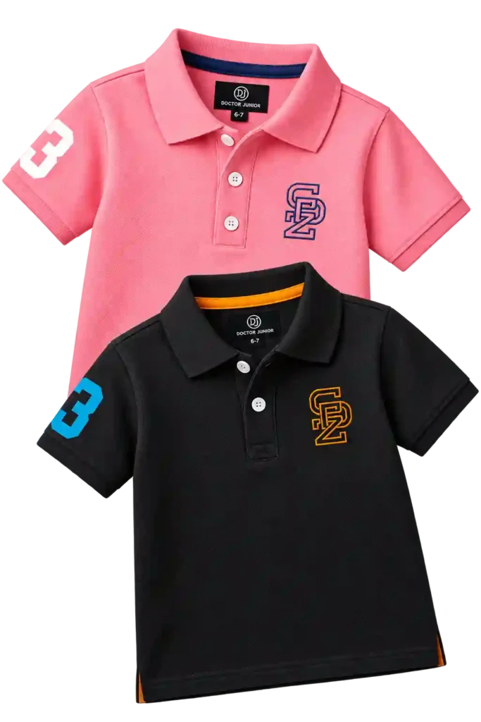 Pink and black kids polo shirts with contrasting details.